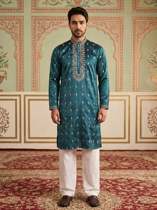 Silk Blend Embroidered Kurta Set for Men