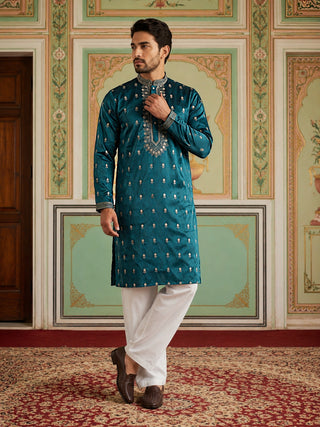 Silk Blend Embroidered Kurta Set for Men