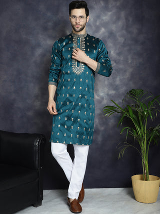 Men's Peacock Blue Chikankari Embroidered Kurta With Pyjama