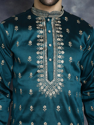 Men's Peacock Blue Chikankari Embroidered Kurta With Pyjama