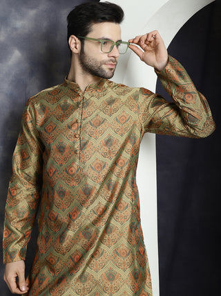 Men Golden Silk Blend Straight Kurta Pyjama Set