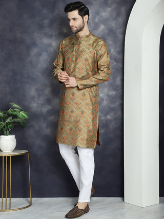 Men Golden Silk Blend Straight Kurta Pyjama Set