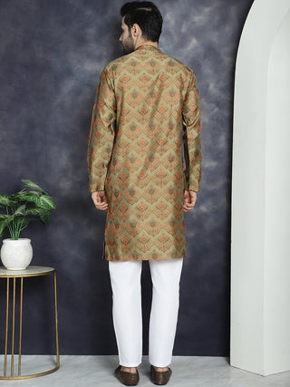 Men Golden Silk Blend Straight Kurta Pyjama Set