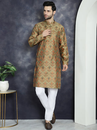 Men Golden Silk Blend Straight Kurta Pyjama Set