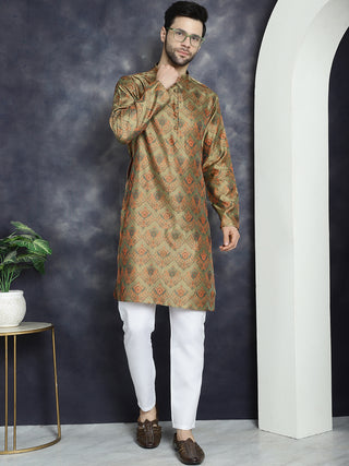 Men Golden Silk Blend Straight Kurta Pyjama Set