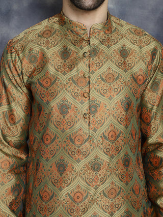 Men Golden Silk Blend Straight Kurta Pyjama Set