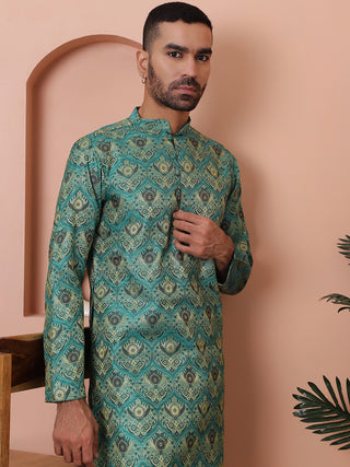 Men Green Silk Blend Straight Kurta Pyjama Set