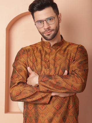 Men Golden Silk Blend Straight Kurta Pyjama Set