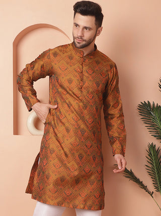 Men Golden Silk Blend Straight Kurtas