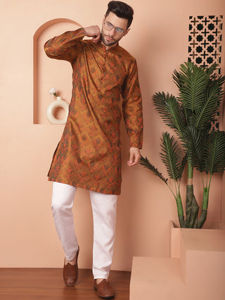 Men Golden Silk Blend Straight Kurtas