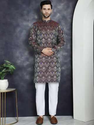 Men Purple Silk Blend Straight Kurta Pyjama Set