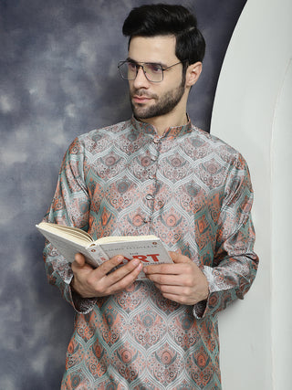 Men Silver Silk Blend Straight Kurta Pyjama Set