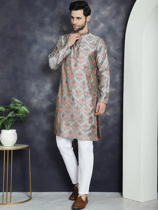 Men Silver Silk Blend Straight Kurta Pyjama Set