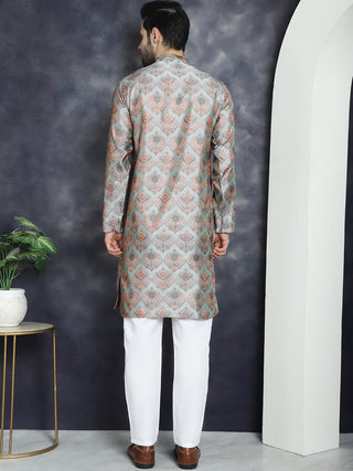 Men Silver Silk Blend Straight Kurta Pyjama Set