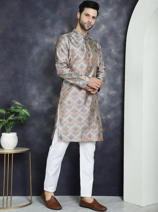 Men Silver Silk Blend Straight Kurta Pyjama Set