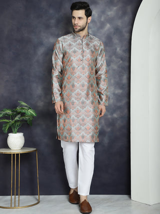 Men Silver Silk Blend Straight Kurta Pyjama Set