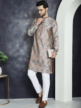 Men Silver Silk Blend Straight Kurta Pyjama Set