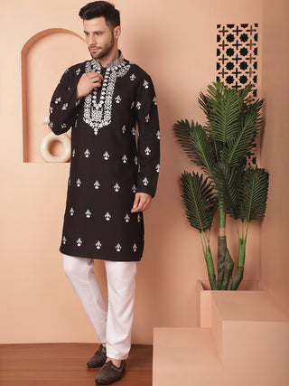 Men's Black Chikankari Embroidered Kurta With Pyjama