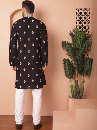 Men's Black Chikankari Embroidered Kurta With Pyjama