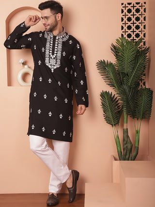 Men's Black Chikankari Embroidered Kurta With Pyjama