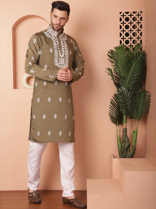 Men's Olive Chikankari Embroidered Kurta With Pyjama