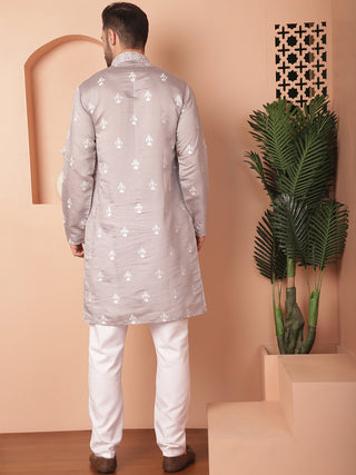 Men's Grey Chikankari Embroidered Kurta With Pyjama