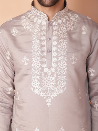 Men's Grey Chikankari Embroidered Kurta With Pyjama