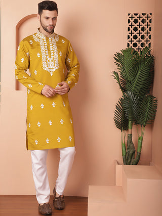 Men's Mustard Chikankari Embroidered Kurta With Pyjama