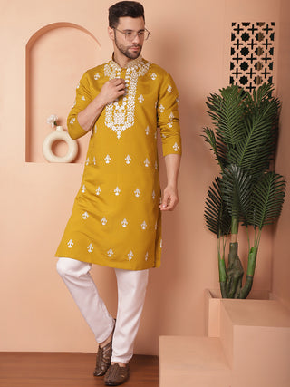 Men's Mustard Chikankari Embroidered Kurta With Pyjama