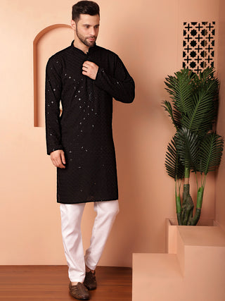 Men's Black Embroidered and Sequence Kurta with Pyjama