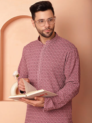 Men's Magenta Embroidered and Sequence Kurta with Pyjama