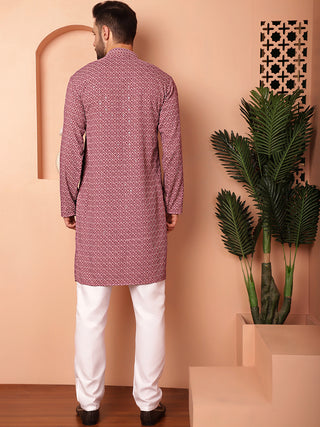 Men's Magenta Embroidered and Sequence Kurta with Pyjama