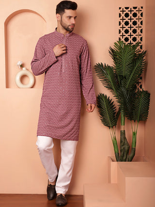 Men's Magenta Embroidered and Sequence Kurta with Pyjama