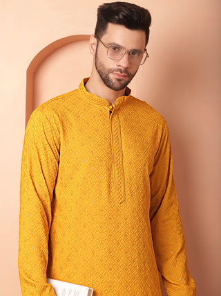 Men's Mustard Embroidered and Sequence Kurta with Pyjama