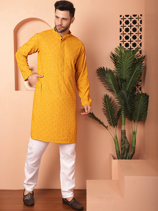 Men's Mustard Embroidered and Sequence Kurta with Pyjama