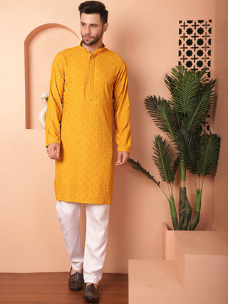 Men's Mustard Embroidered and Sequence Kurta with Pyjama