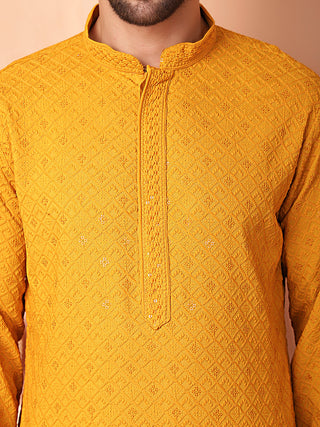 Men's Mustard Embroidered and Sequence Kurta with Pyjama