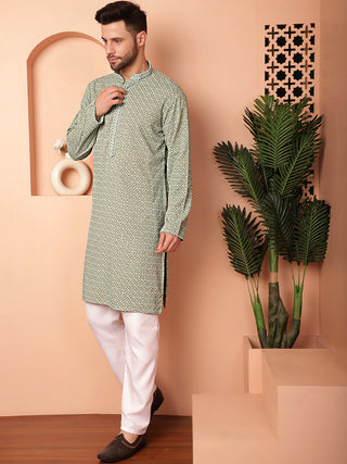 Men's Green Embroidered and Sequence Kurta with Pyjama