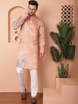 Men's Peach Tei-Dye Printed Kurta Pyjama Set