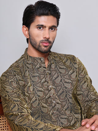 Men Black Silk Blend Straight Kurta Pyjama Set