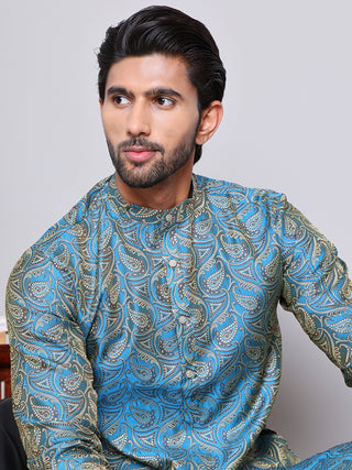 Men Blue Silk Blend Straight Kurta Pyjama Set