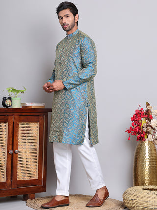 Men Blue Silk Blend Straight Kurta Pyjama Set