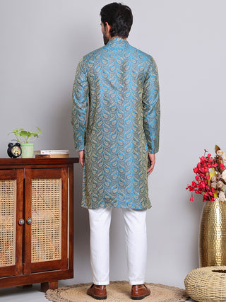 Men Blue Silk Blend Straight Kurta Pyjama Set