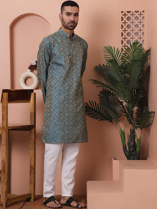 Men Blue Silk Blend Straight Kurta Pyjama Set