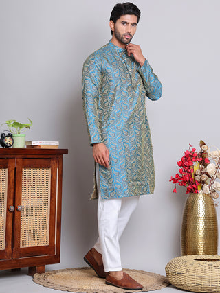 Men Blue Silk Blend Straight Kurta Pyjama Set