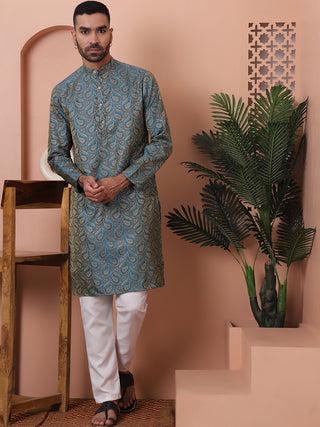 Men Blue Silk Blend Straight Kurta Pyjama Set