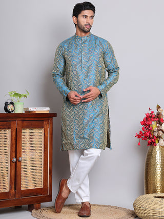 Men Blue Silk Blend Straight Kurta Pyjama Set