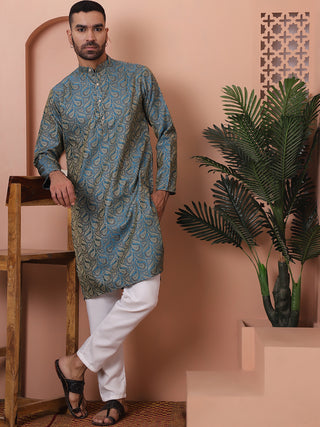 Men Blue Silk Blend Straight Kurta Pyjama Set