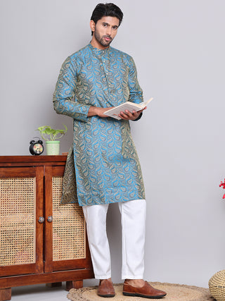 Men Blue Silk Blend Straight Kurta Pyjama Set