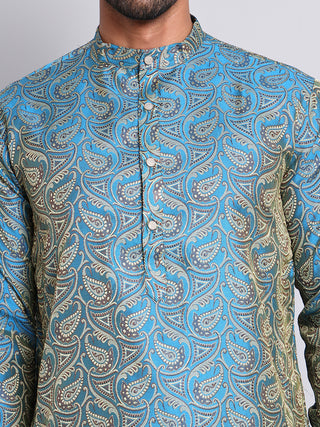 Men Blue Silk Blend Straight Kurta Pyjama Set